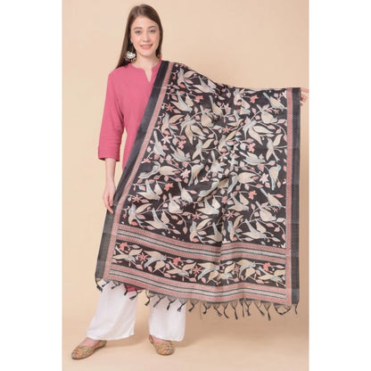 Generic Women's Art Silk Printed Dupatta (Black, Length: 2.25 to 2.50 Mtr)