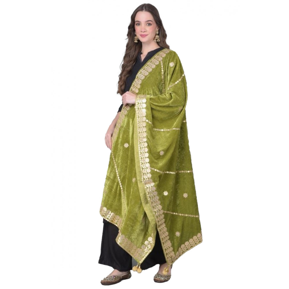 Generic Women's Velvet Gotta Patti Dupatta (Olive, Length: 2.25 to 2.50 Mtr)