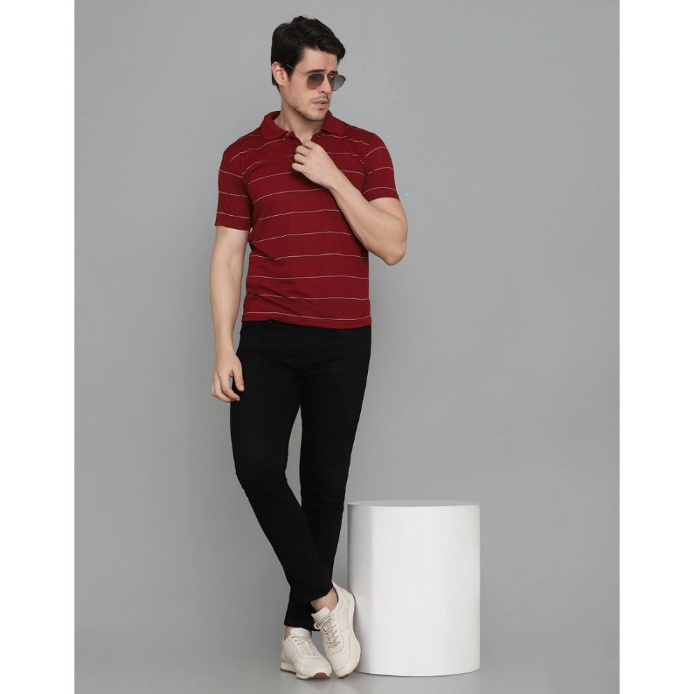 Men's Casual Half Sleeve Striped Cotton Blended Polo Neck T-shirt (Maroon)