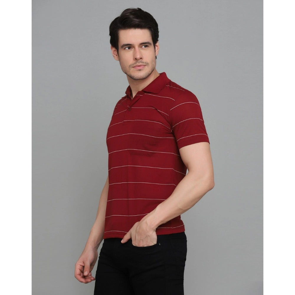 Men's Casual Half Sleeve Striped Cotton Blended Polo Neck T-shirt (Maroon)