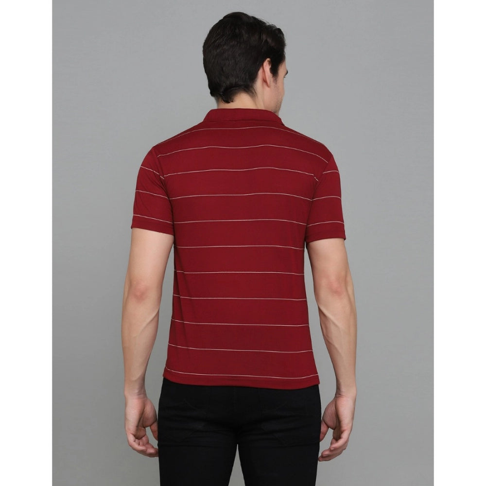 Men's Casual Half Sleeve Striped Cotton Blended Polo Neck T-shirt (Maroon)