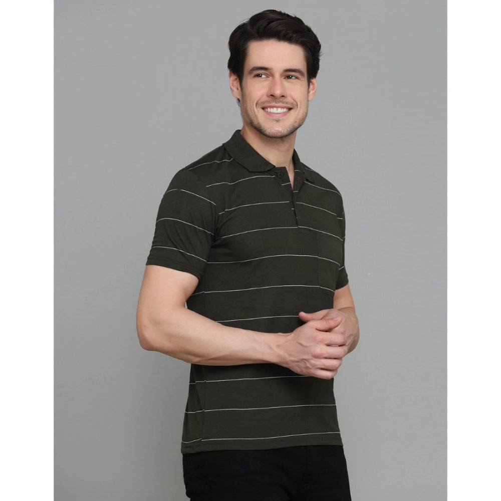 Men's Casual Half Sleeve Striped Cotton Blended Polo Neck T-shirt (Green)