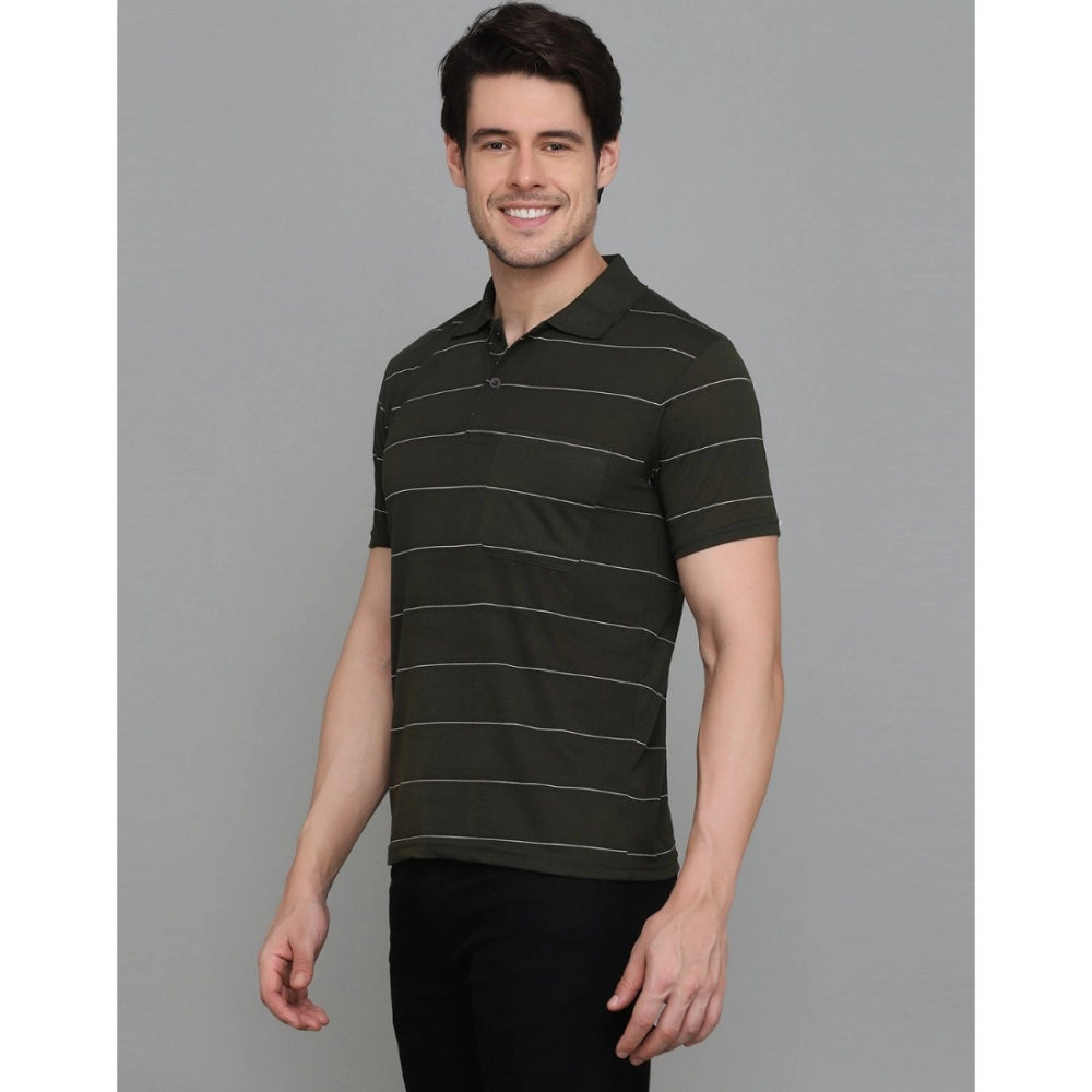 Men's Casual Half Sleeve Striped Cotton Blended Polo Neck T-shirt (Green)