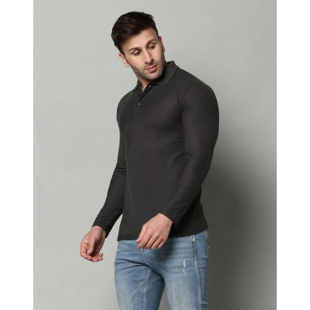 Men's Casual Full Sleeve Solid Cotton Blended Polo Neck T-shirt (D.Grey)