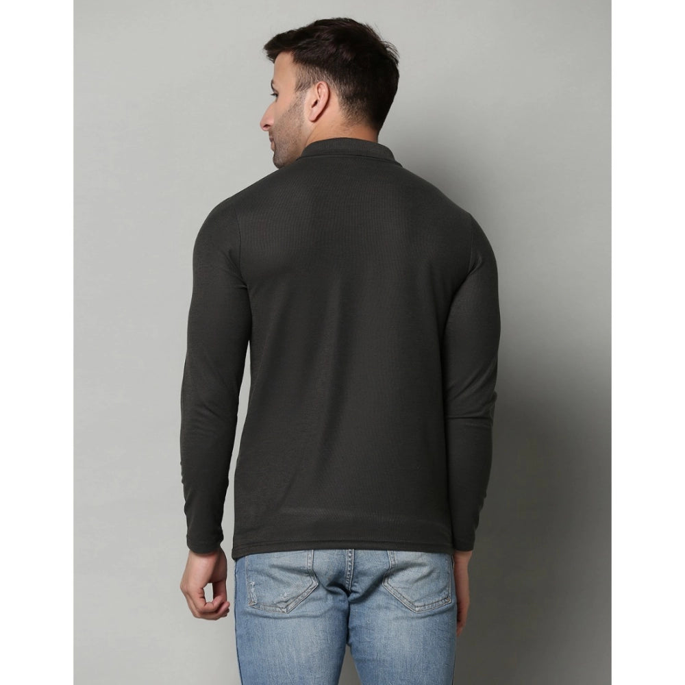 Men's Casual Full Sleeve Solid Cotton Blended Polo Neck T-shirt (D.Grey)