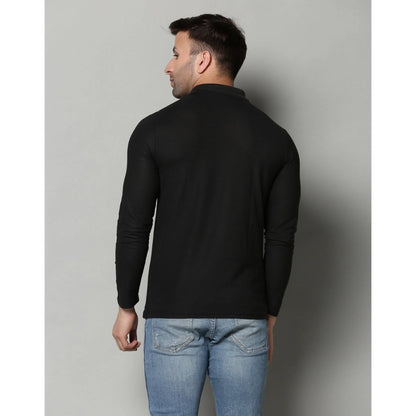 Men's Casual Full Sleeve Solid Cotton Blended Polo Neck T-shirt (Black)