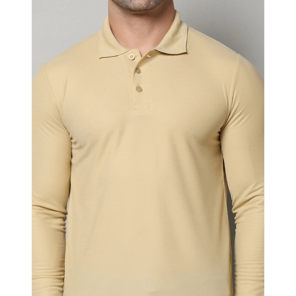 Men's Casual Full Sleeve Solid Cotton Blended Polo Neck T-shirt (Beige)