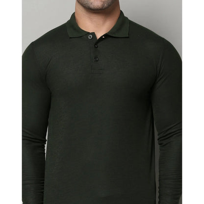 Men's Casual Full Sleeve Solid Cotton Blended Polo Neck T-shirt (B.Green)