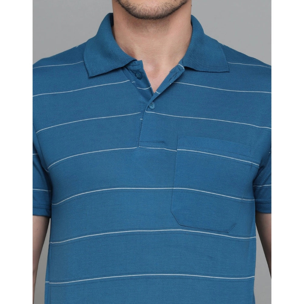 Men's Casual Half Sleeve Striped Cotton Blended Polo Neck T-shirt (Teel Blue)