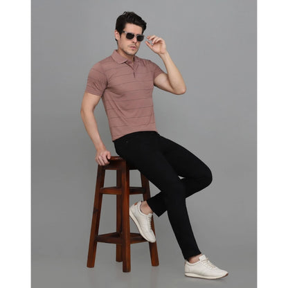 Men's Casual Half Sleeve Striped Cotton Blended Polo Neck T-shirt (Pink)