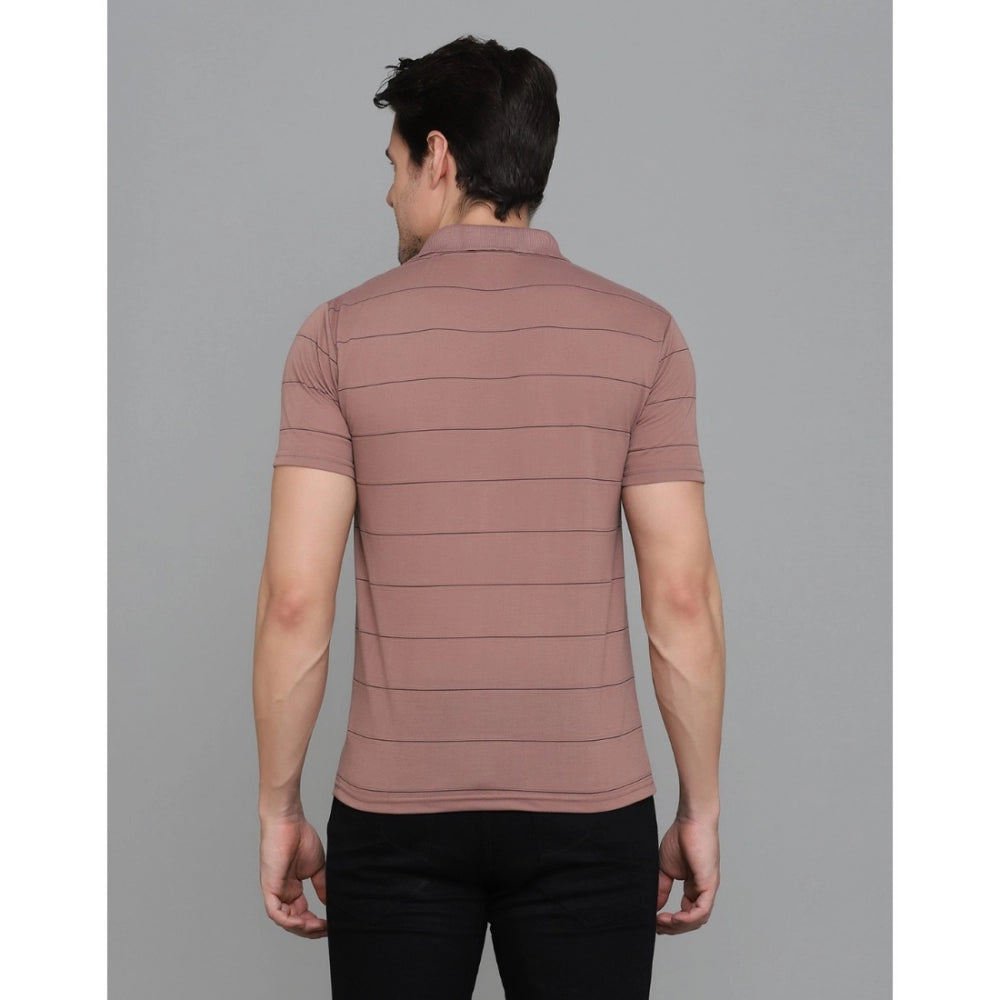 Men's Casual Half Sleeve Striped Cotton Blended Polo Neck T-shirt (Pink)