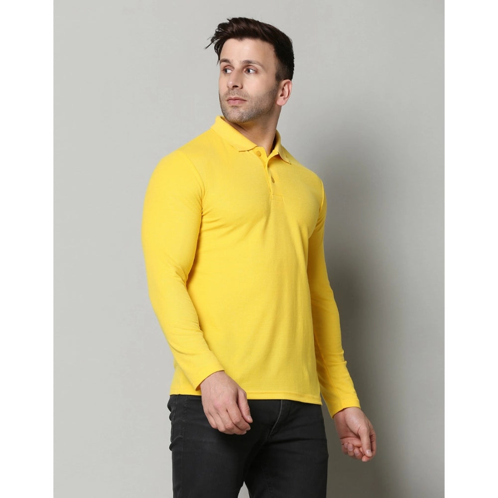 Men's Casual Full Sleeve Solid Cotton Blended Polo Neck T-shirt (Yellow)