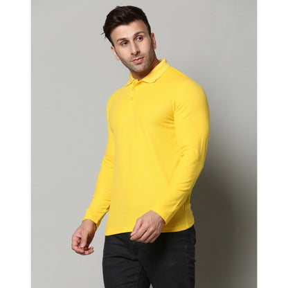 Men's Casual Full Sleeve Solid Cotton Blended Polo Neck T-shirt (Yellow)