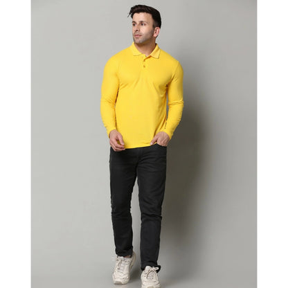 Men's Casual Full Sleeve Solid Cotton Blended Polo Neck T-shirt (Yellow)