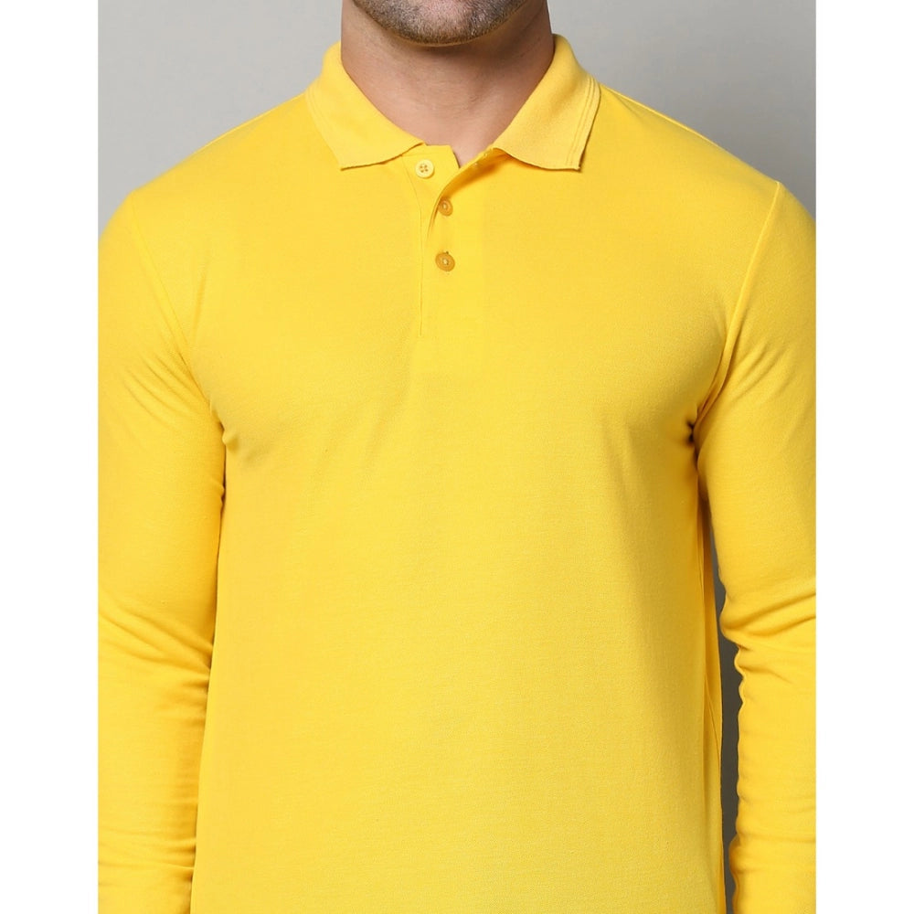 Men's Casual Full Sleeve Solid Cotton Blended Polo Neck T-shirt (Yellow)