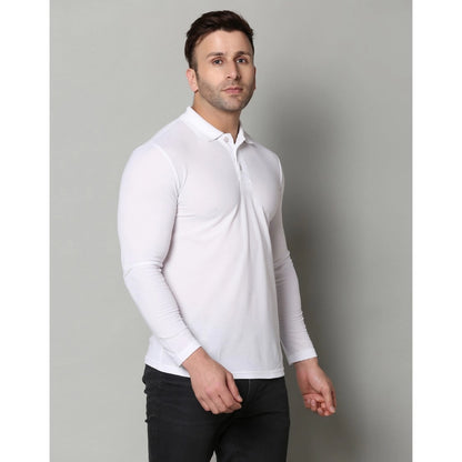 Men's Casual Full Sleeve Solid Cotton Blended Polo Neck T-shirt (White)