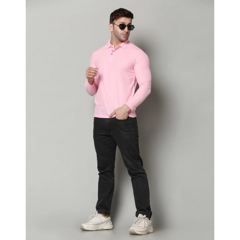 Men's Casual Full Sleeve Solid Cotton Blended Polo Neck T-shirt (Pink)