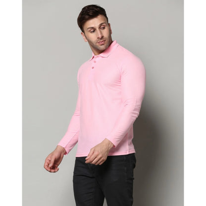 Men's Casual Full Sleeve Solid Cotton Blended Polo Neck T-shirt (Pink)