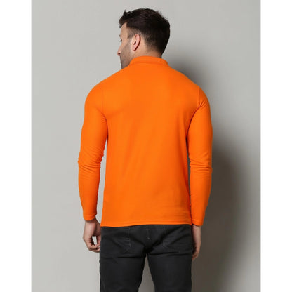 Men's Casual Full Sleeve Solid Cotton Blended Polo Neck T-shirt (Orange)