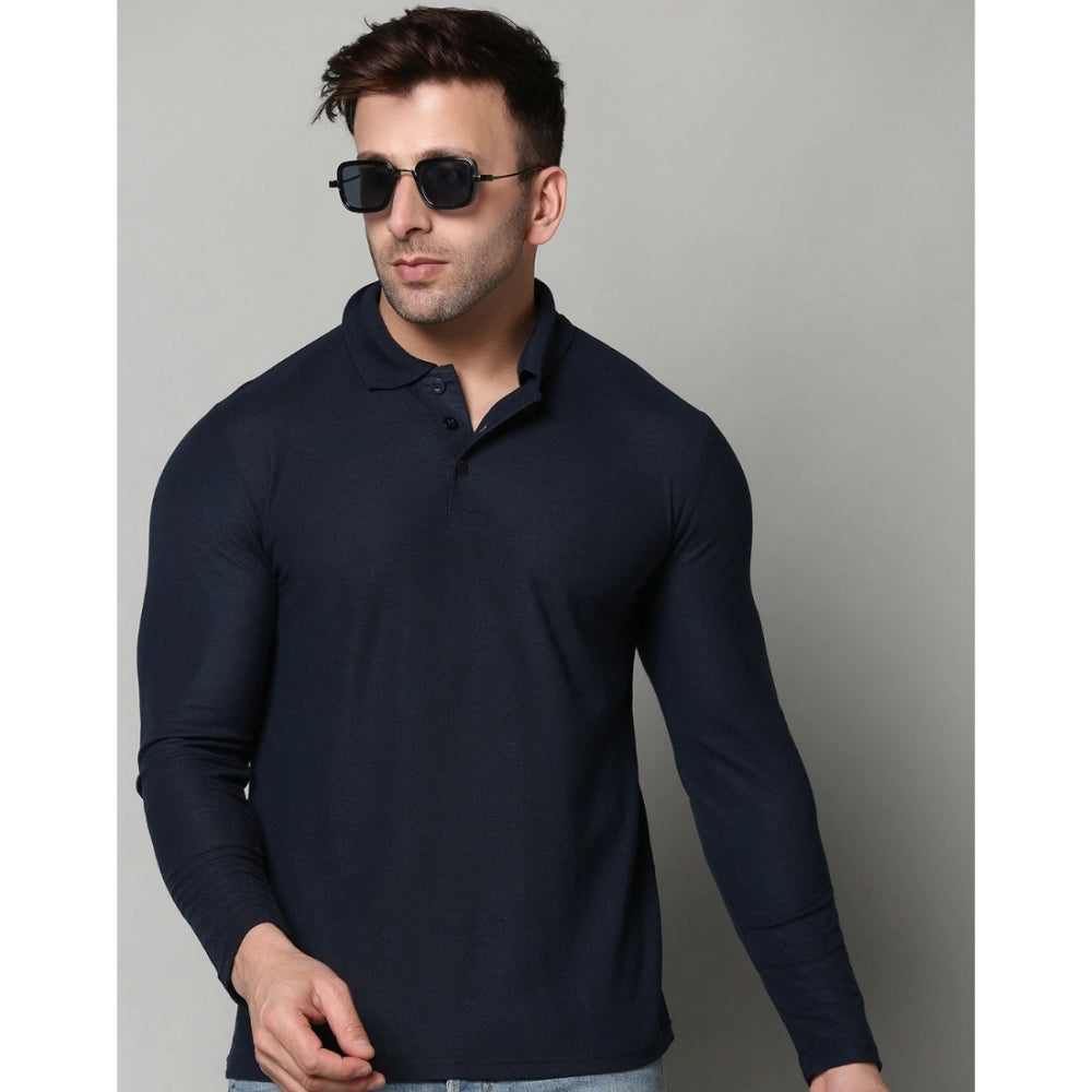 Men's Casual Full Sleeve Solid Cotton Blended Polo Neck T-shirt (Navy)