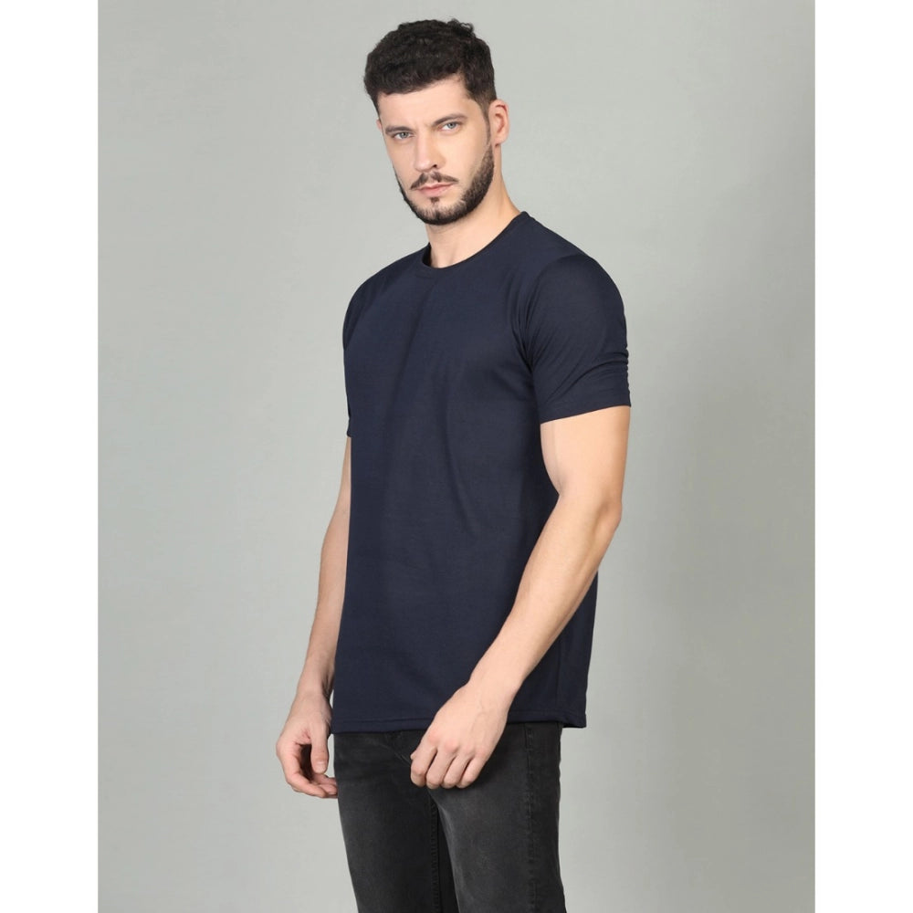 Men's Casual Half Sleeve Solid Cotton Blended Round Neck T-shirt (Dark Blue)