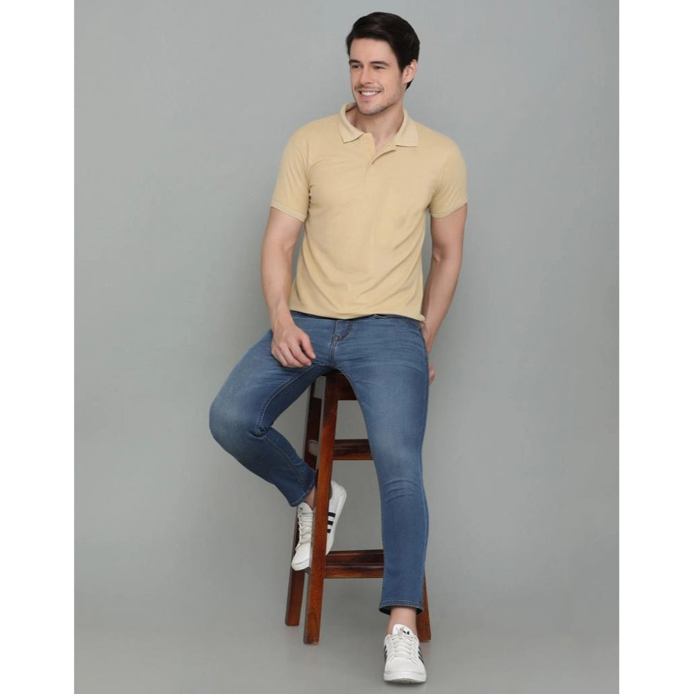 Men's Casual Half Sleeve Solid Cotton Blended Polo Neck T-shirt (Beige)