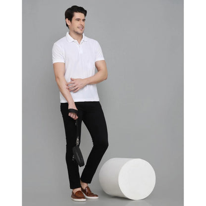 Men's Casual Half Sleeve Solid Cotton Blended Polo Neck T-shirt (White)