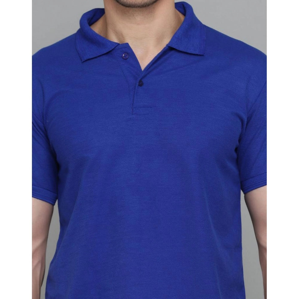 Men's Casual Half Sleeve Solid Cotton Blended Polo Neck T-shirt (Blue)