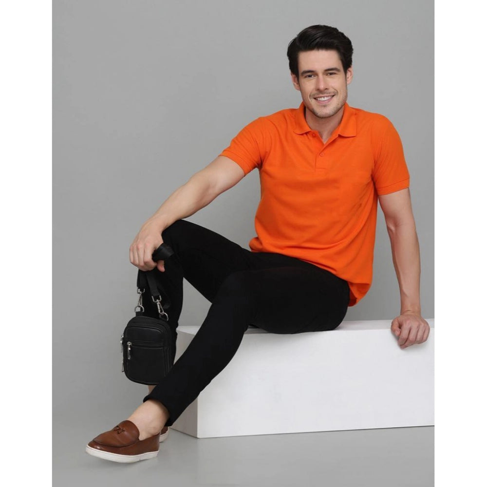 Men's Casual Half Sleeve Solid Cotton Blended Polo Neck T-shirt (Orange)