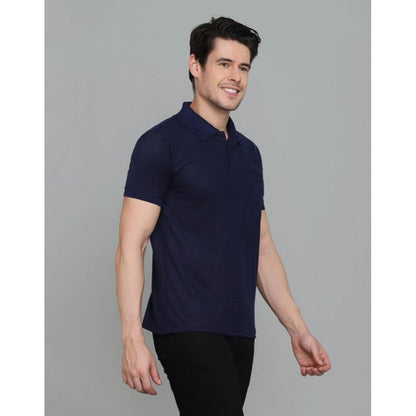 Men's Casual Half Sleeve Solid Cotton Blended Polo Neck T-shirt (Navy Blue)