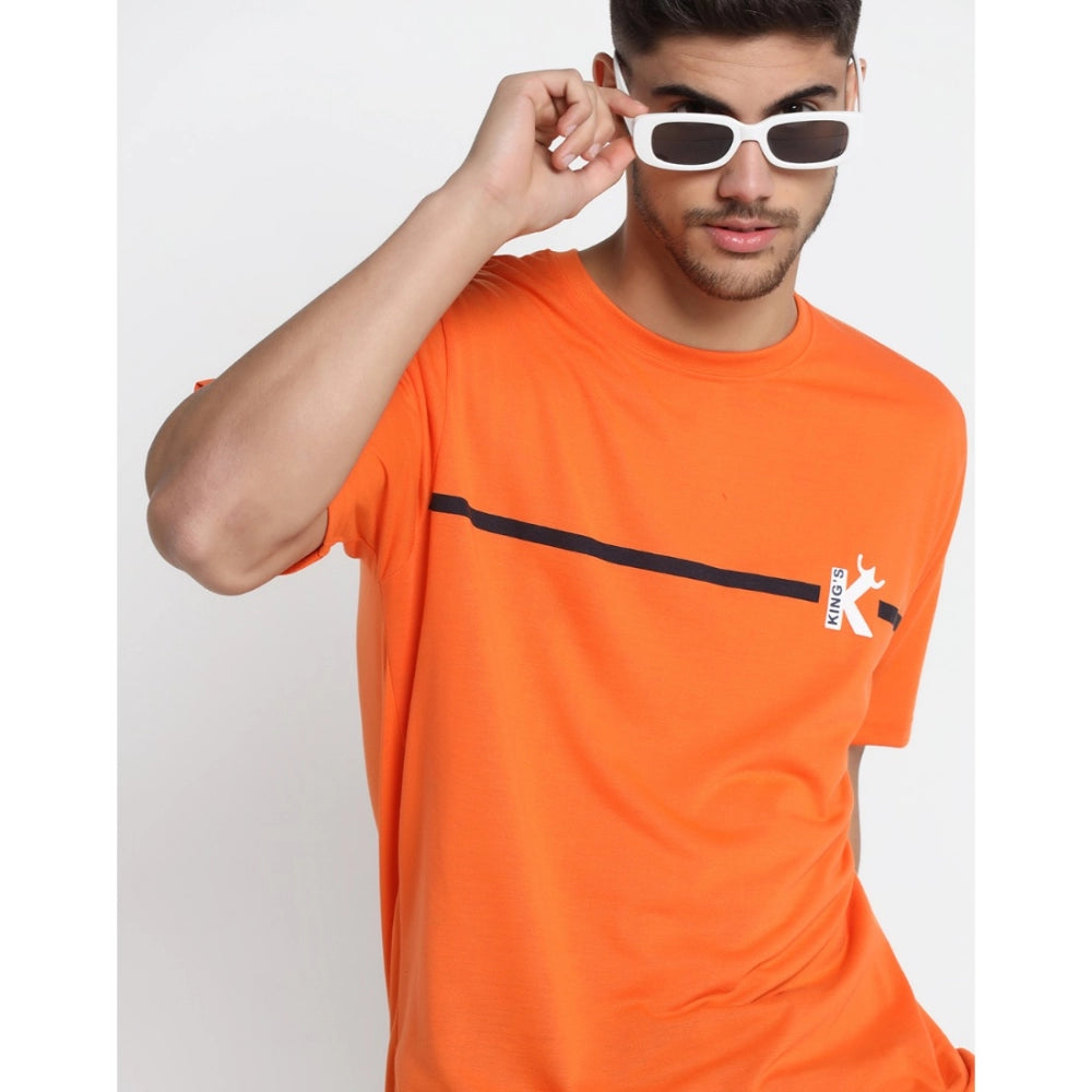 Men's Casual Half Sleeve Printed Cotton Blended Round Neck T-shirt (Orange)