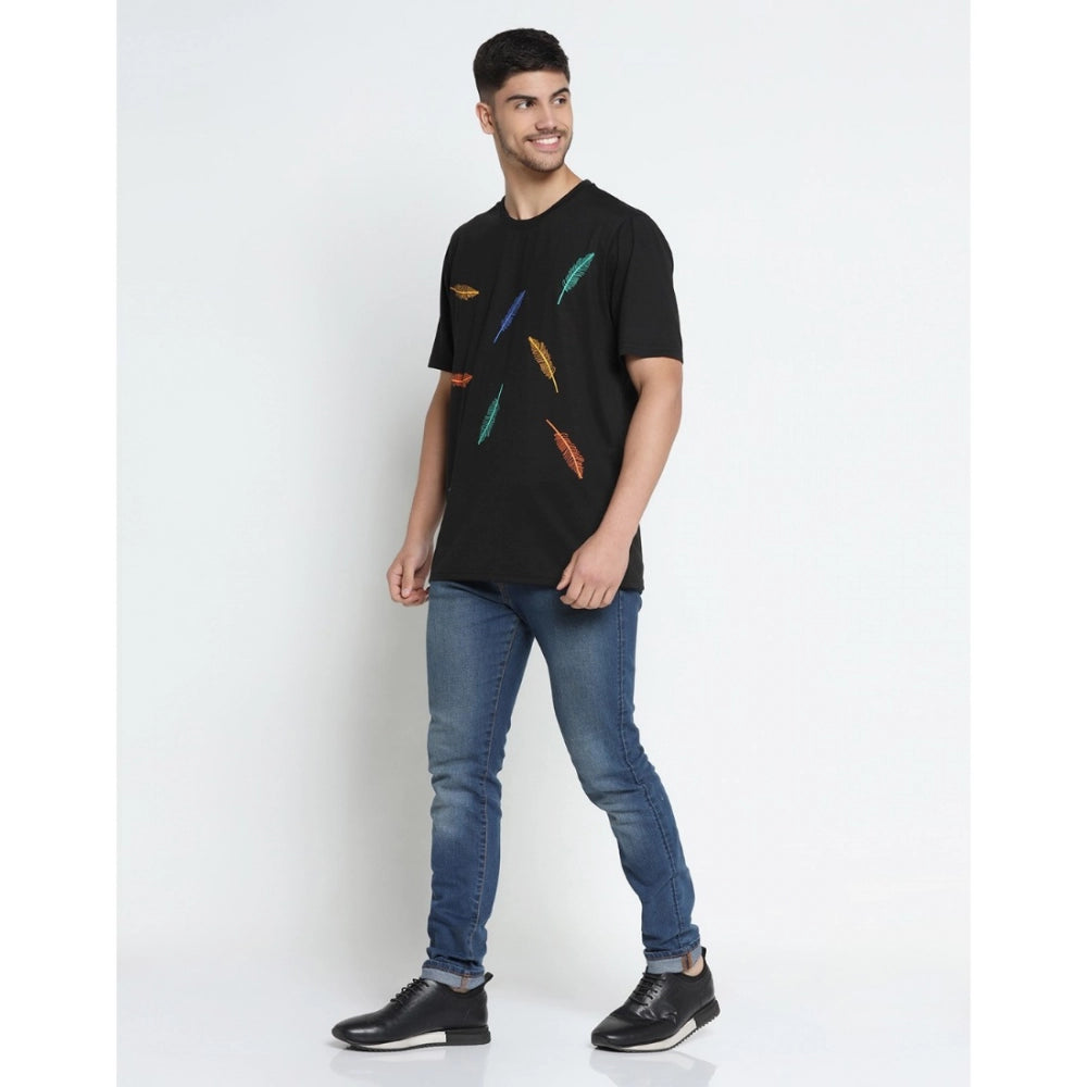 Men's Casual Half Sleeve Printed Cotton Blended Round Neck T-shirt (Black)