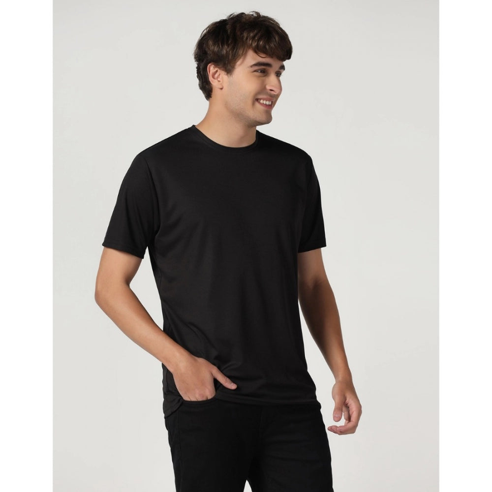 Men's Casual Half Sleeve Solid Polyester Round Neck T-shirt (Black)