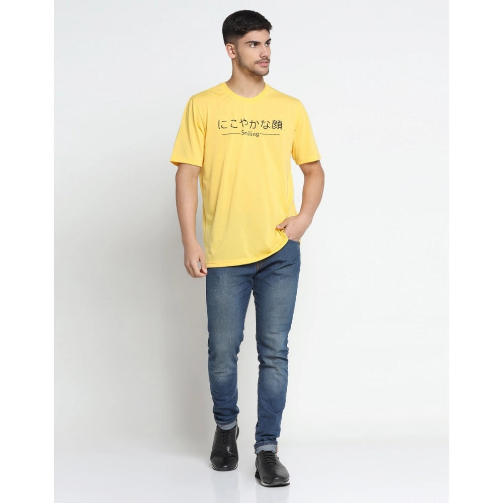 Men's Casual Half Sleeve Printed Cotton Blended Round Neck T-shirt (Yellow)