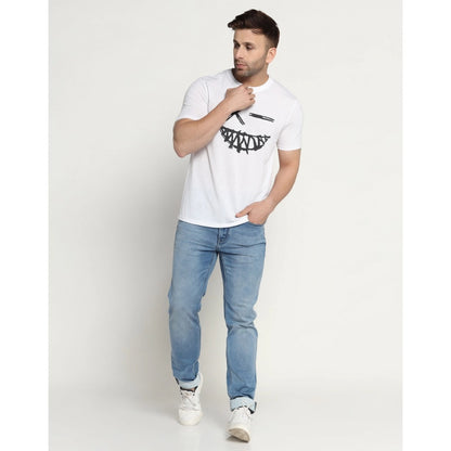 Men's Casual Half Sleeve Printed Cotton Blended Round Neck T-shirt (White)