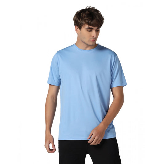 Men's Casual Half Sleeve Solid Polyester Round Neck T-shirt (Sky)