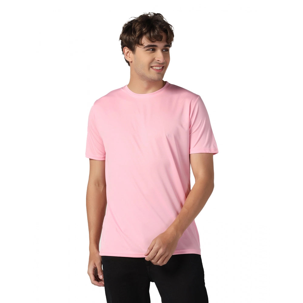 Men's Casual Half Sleeve Solid Polyester Round Neck T-shirt (Pink)