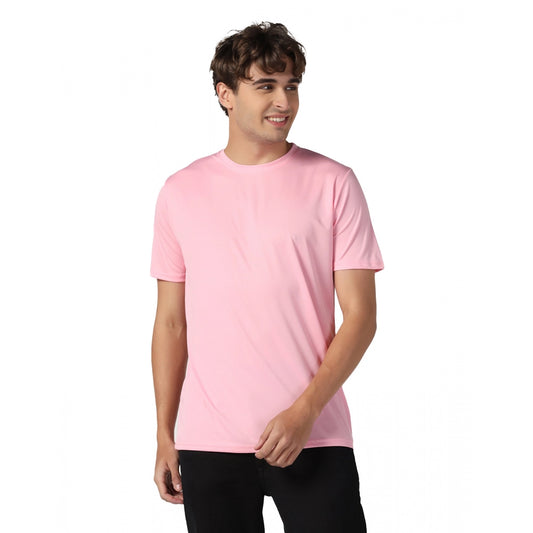 Men's Casual Half Sleeve Solid Polyester Round Neck T-shirt (Pink)