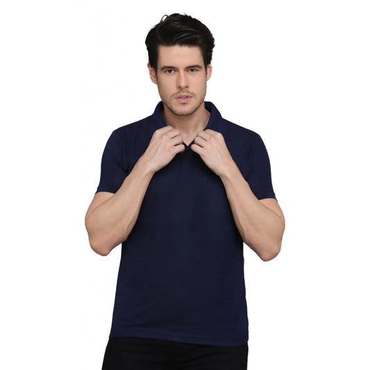 Men's Casual Half Sleeve Solid Cotton Blended Polo Neck T-shirt (Navy Blue)