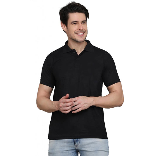 Men's Casual Half Sleeve Solid Cotton Blended Polo Neck T-shirt (Black)