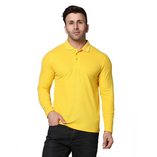 Men's Casual Full Sleeve Solid Cotton Blended Polo Neck T-shirt (Yellow)