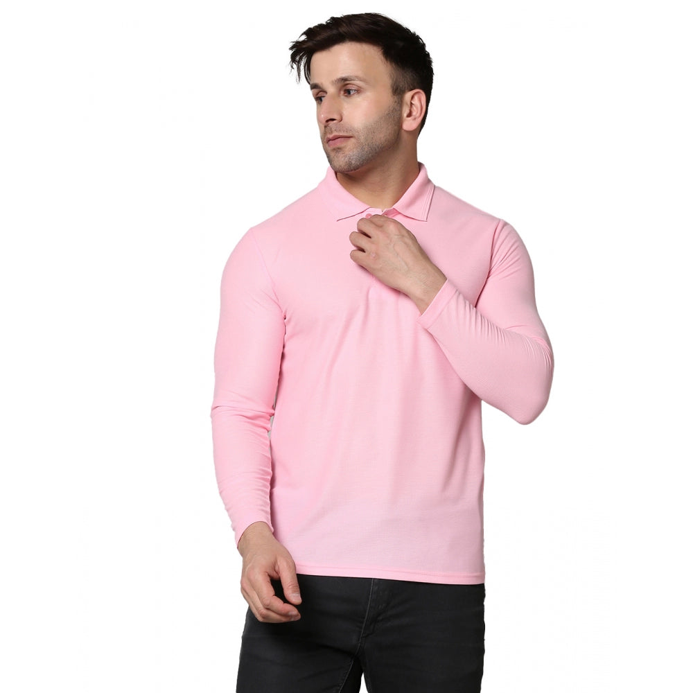 Men's Casual Full Sleeve Solid Cotton Blended Polo Neck T-shirt (Pink)