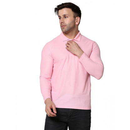 Men's Casual Full Sleeve Solid Cotton Blended Polo Neck T-shirt (Pink)