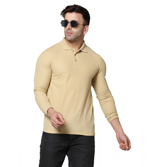 Men's Casual Full Sleeve Solid Cotton Blended Polo Neck T-shirt (Beige)