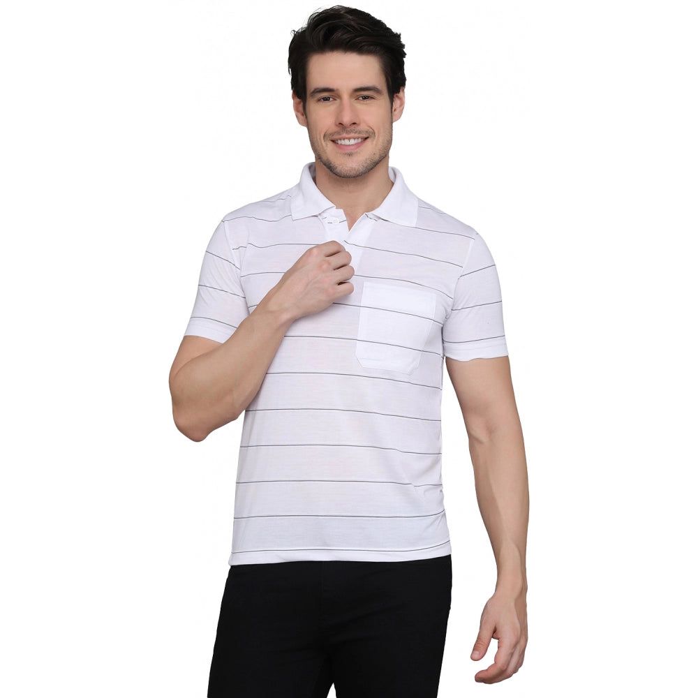 Men's Casual Half Sleeve Striped Cotton Blended Polo Neck T-shirt (White)