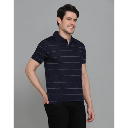 Men's Casual Half Sleeve Striped Cotton Blended Polo Neck T-shirt (Navy)