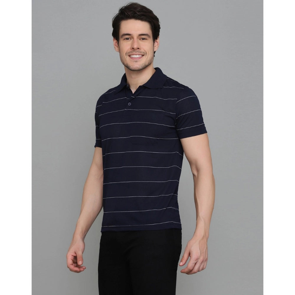 Men's Casual Half Sleeve Striped Cotton Blended Polo Neck T-shirt (Navy)