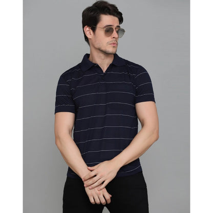 Men's Casual Half Sleeve Striped Cotton Blended Polo Neck T-shirt (Navy)