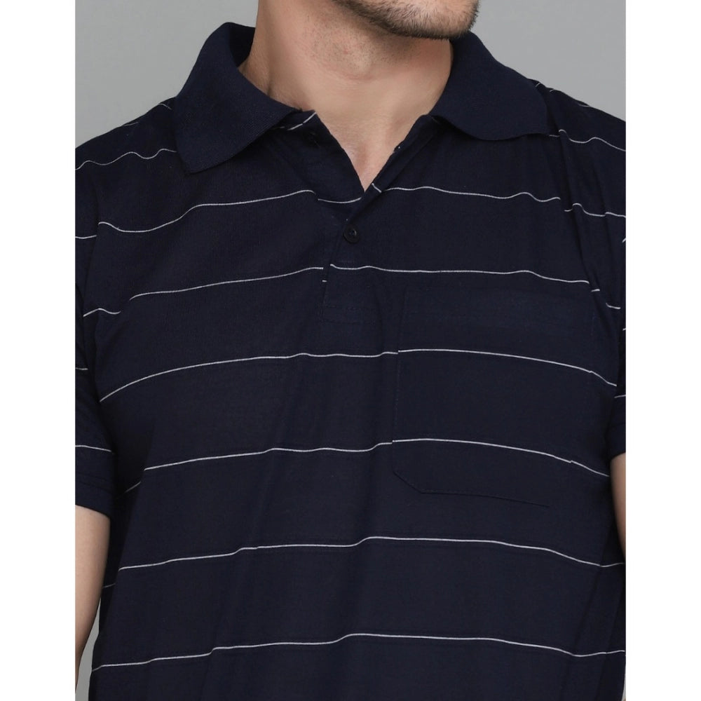 Men's Casual Half Sleeve Striped Cotton Blended Polo Neck T-shirt (Navy)