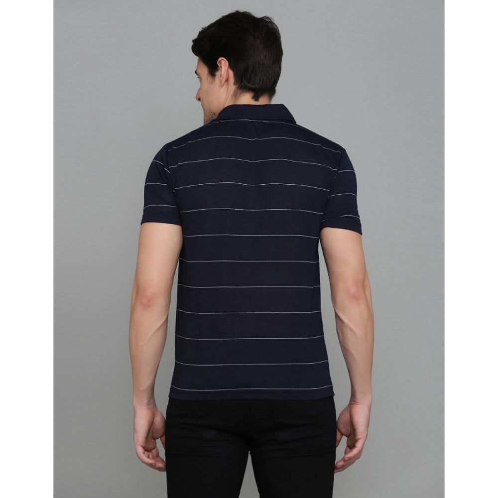 Men's Casual Half Sleeve Striped Cotton Blended Polo Neck T-shirt (Navy)